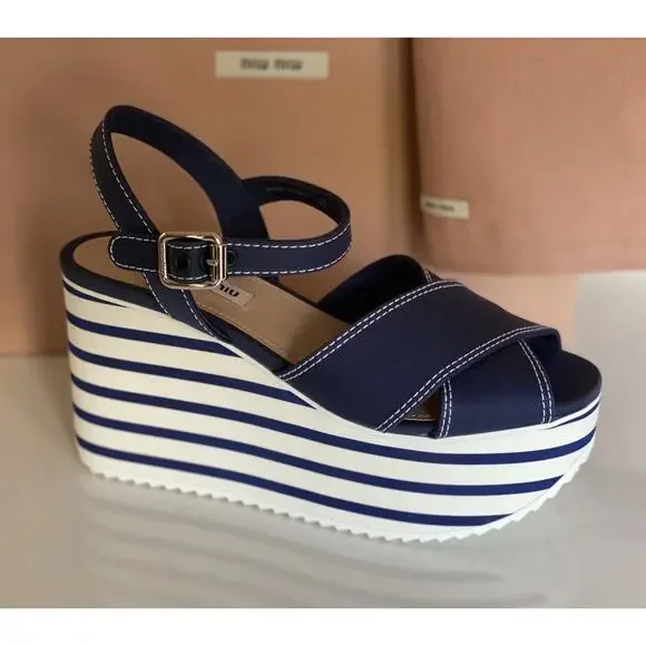 NIB $750 MIU MIU Women's Platform Wedge Blue Sandals 7.5 US (37.5 Euro) 5XZ441 - Picture 11 of 12